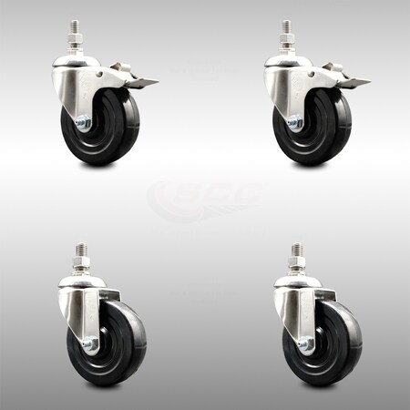 Service Caster 4 Inch 316SS Soft Rubber Swivel 10mm Threaded Stem Caster Lock Brake, 2PK SCC-SS316TSTTL20S414-SRS-M1015-2-S2
